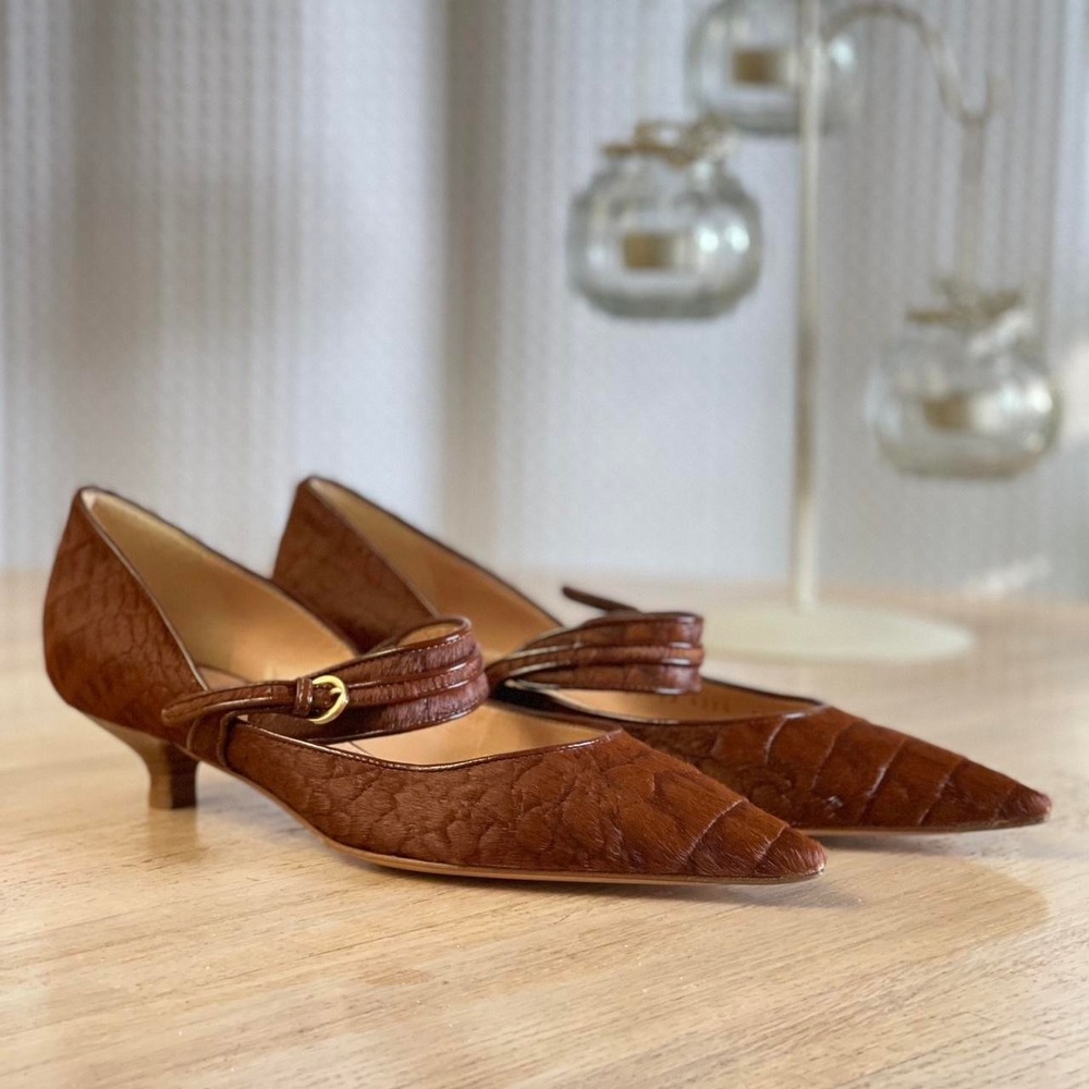NIB Vintage Y2K Casadei Brown Gator Print Pony‎ Hair Pointed Kitten Heels Sz 8.5